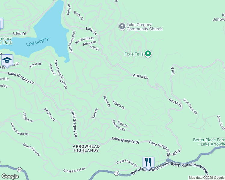 map of restaurants, bars, coffee shops, grocery stores, and more near 24923 Basel Drive in Crestline