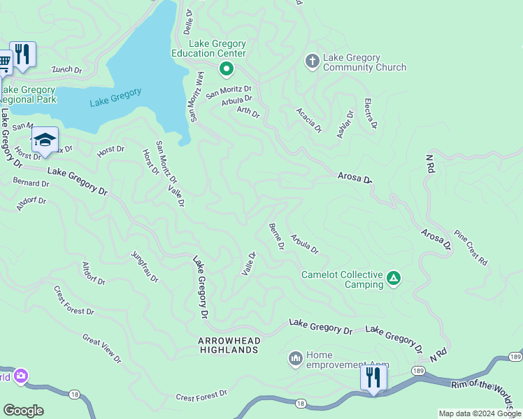 map of restaurants, bars, coffee shops, grocery stores, and more near Berne Drive in Crestline