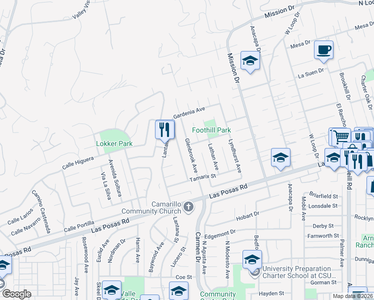 map of restaurants, bars, coffee shops, grocery stores, and more near 1959 Glenbrook Avenue in Camarillo