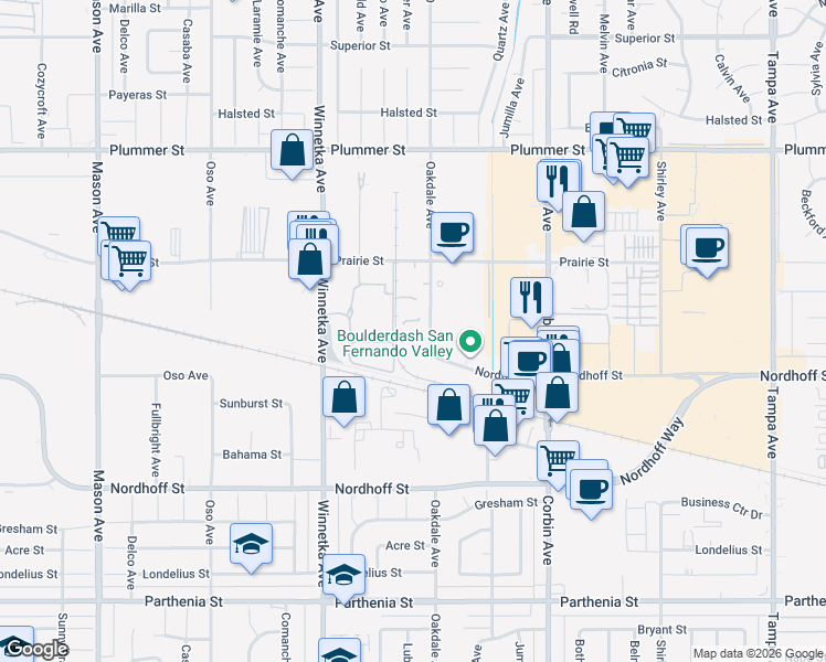 map of restaurants, bars, coffee shops, grocery stores, and more near 9131 Oakdale Avenue in Los Angeles