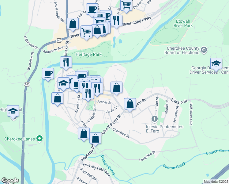 map of restaurants, bars, coffee shops, grocery stores, and more near 10 North Street in Canton