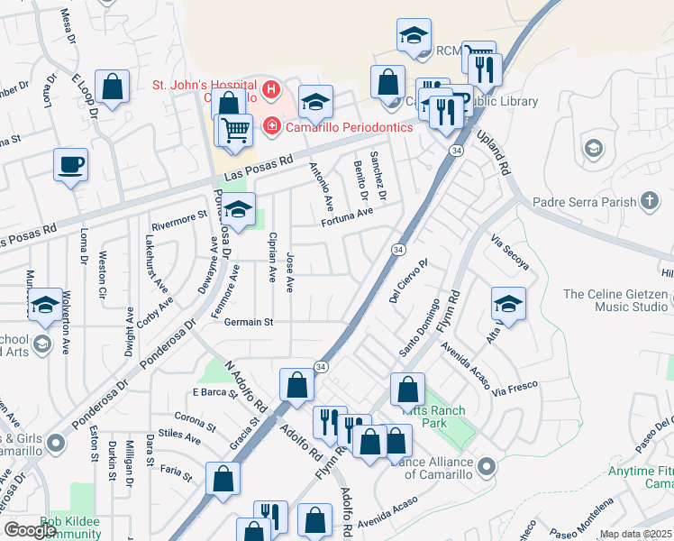 map of restaurants, bars, coffee shops, grocery stores, and more near 4033 Francis Avenue in Camarillo