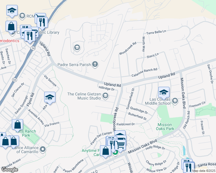 map of restaurants, bars, coffee shops, grocery stores, and more near 5217 Hillridge Drive in Camarillo