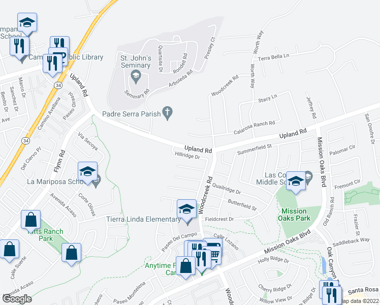 map of restaurants, bars, coffee shops, grocery stores, and more near 5217 Hillridge Drive in Camarillo
