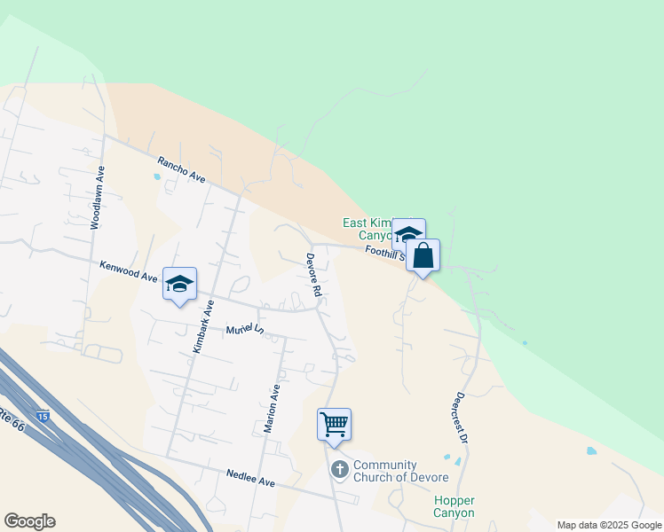 map of restaurants, bars, coffee shops, grocery stores, and more near 923 Devore Road in San Bernardino