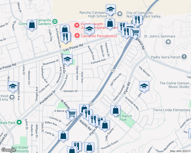 map of restaurants, bars, coffee shops, grocery stores, and more near 4033 Francis Avenue in Camarillo