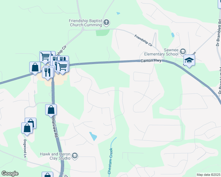 map of restaurants, bars, coffee shops, grocery stores, and more near 2515 Misty Hollow Lane in Cumming