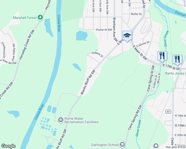 map of restaurants, bars, coffee shops, grocery stores, and more near 2 Blacks Bluff Road Southwest in Rome