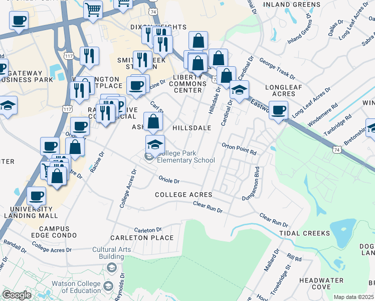 map of restaurants, bars, coffee shops, grocery stores, and more near 227 Charter Drive in Wilmington