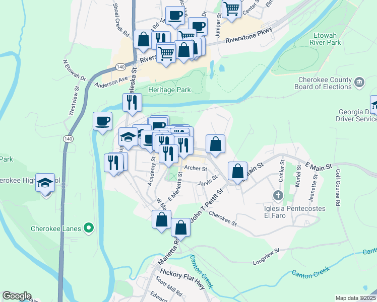 map of restaurants, bars, coffee shops, grocery stores, and more near 50 North Street in Canton