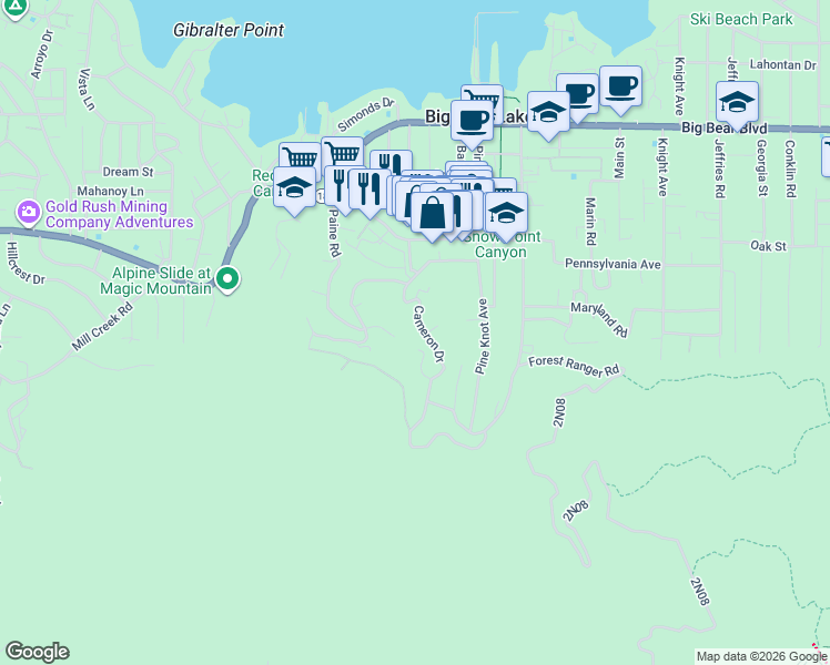 map of restaurants, bars, coffee shops, grocery stores, and more near 852 Cameron Drive in Big Bear Lake