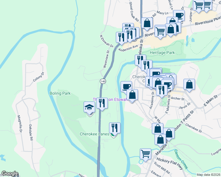 map of restaurants, bars, coffee shops, grocery stores, and more near 687 Marietta Highway in Canton