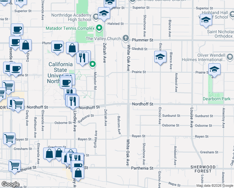map of restaurants, bars, coffee shops, grocery stores, and more near 9132 Balcom Avenue in Los Angeles