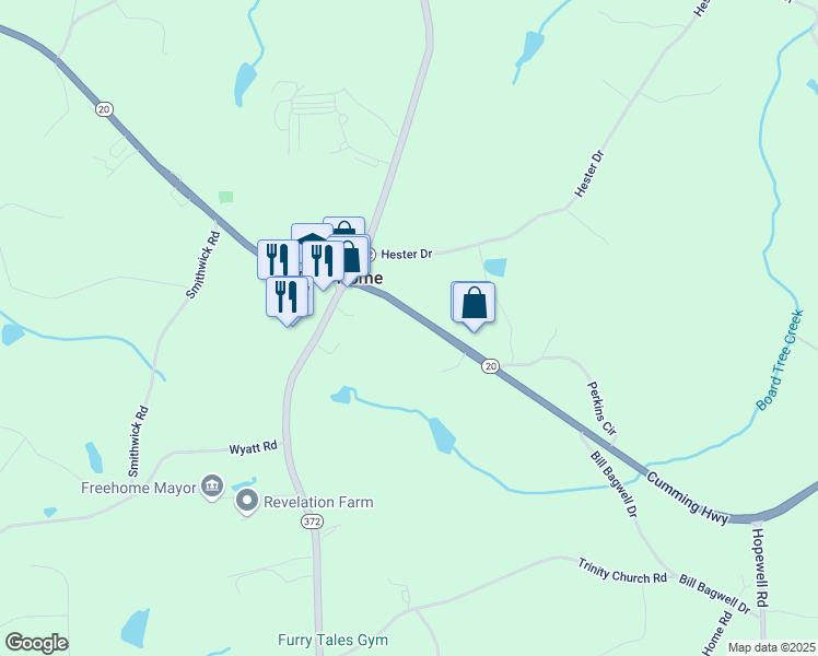 map of restaurants, bars, coffee shops, grocery stores, and more near 12778 Cumming Highway in Canton