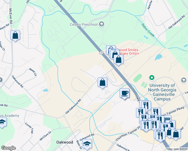 map of restaurants, bars, coffee shops, grocery stores, and more near 3720 Oakwood Hills Drive in Oakwood
