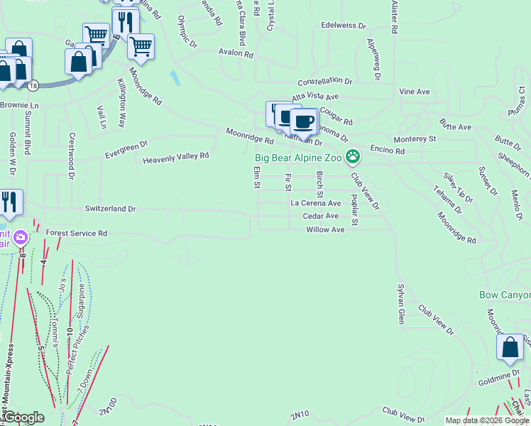 map of restaurants, bars, coffee shops, grocery stores, and more near 42540 Cedar Avenue in Big Bear Lake