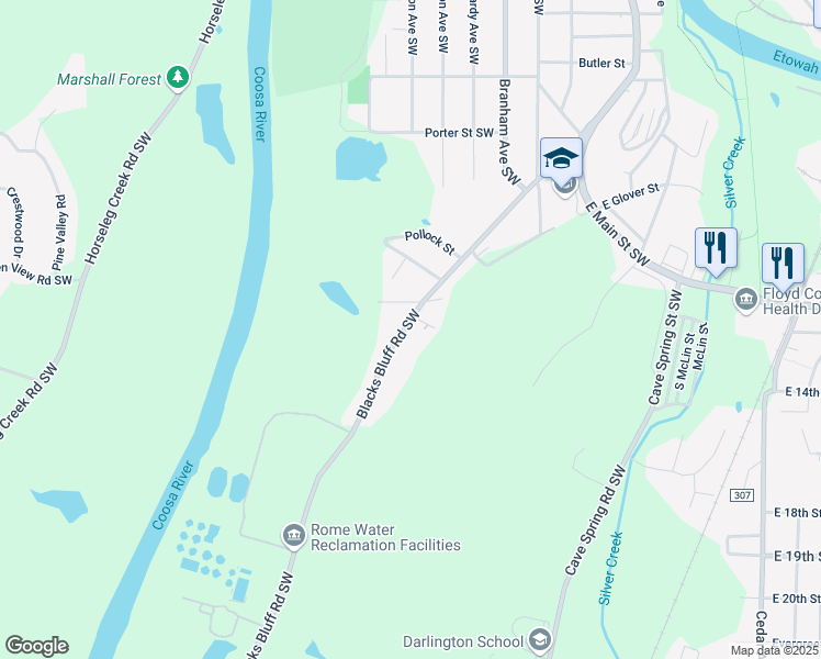 map of restaurants, bars, coffee shops, grocery stores, and more near 11 Blacks Bluff Road Southwest in Rome