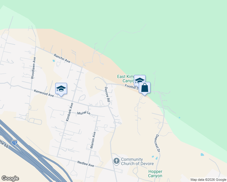 map of restaurants, bars, coffee shops, grocery stores, and more near 907 Devore Road in San Bernardino