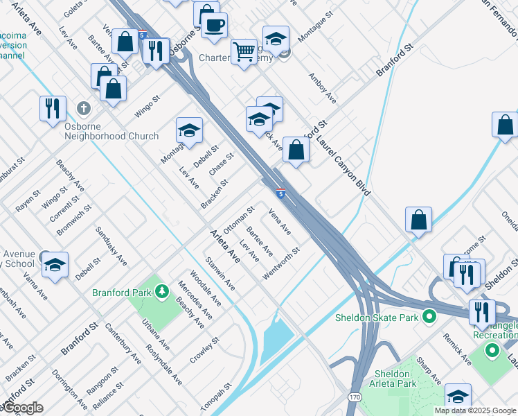 map of restaurants, bars, coffee shops, grocery stores, and more near 9228 Vena Avenue in Los Angeles