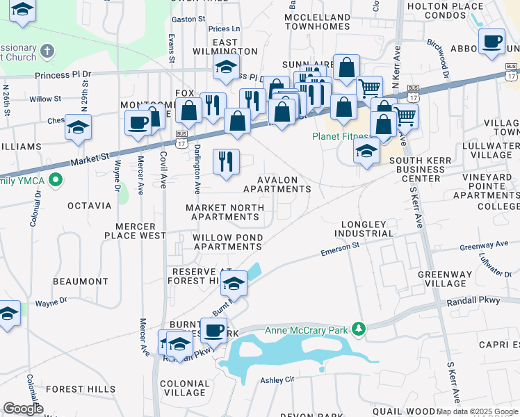 map of restaurants, bars, coffee shops, grocery stores, and more near 3601 Lancelot Lane in Wilmington