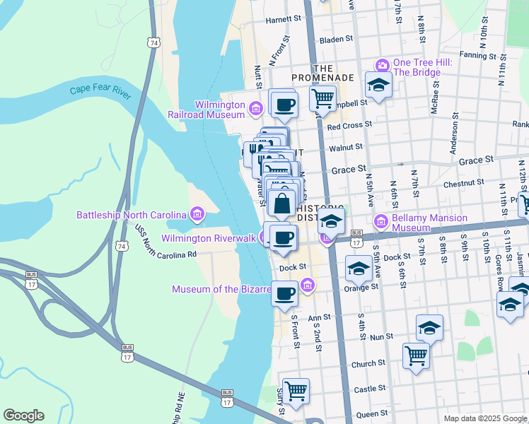 map of restaurants, bars, coffee shops, grocery stores, and more near 112 North Water Street in Wilmington