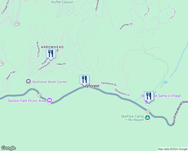map of restaurants, bars, coffee shops, grocery stores, and more near 801 Kuffel Canyon Road in Skyforest