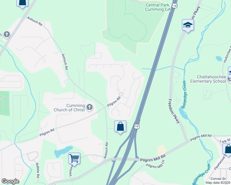 map of restaurants, bars, coffee shops, grocery stores, and more near 3065 Whittier Way in Cumming
