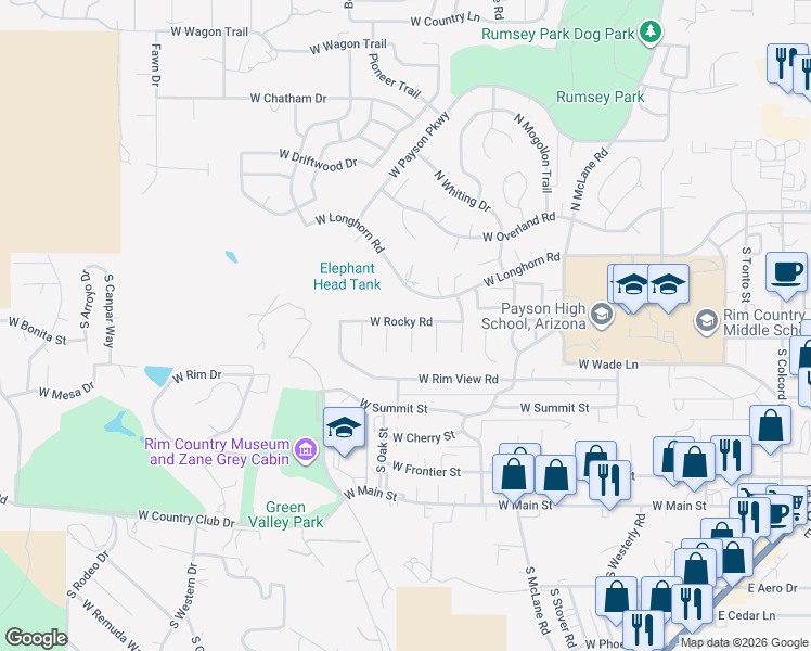 map of restaurants, bars, coffee shops, grocery stores, and more near 908 West Rocky Road in Payson