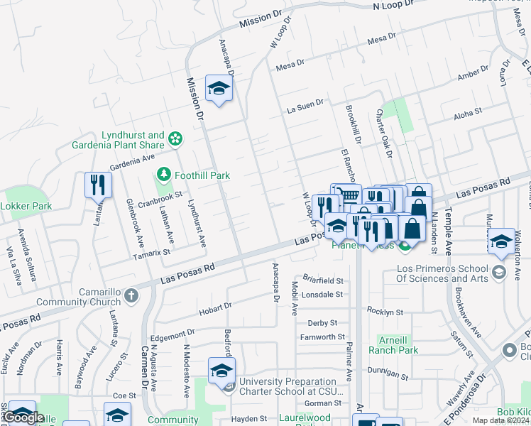 map of restaurants, bars, coffee shops, grocery stores, and more near 135 Anacapa Drive in Camarillo