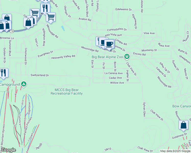 map of restaurants, bars, coffee shops, grocery stores, and more near 42540 Cedar Avenue in Big Bear Lake