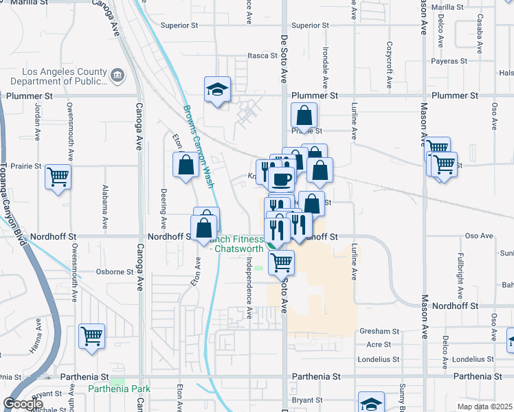 map of restaurants, bars, coffee shops, grocery stores, and more near 9142 Independence Avenue in Los Angeles