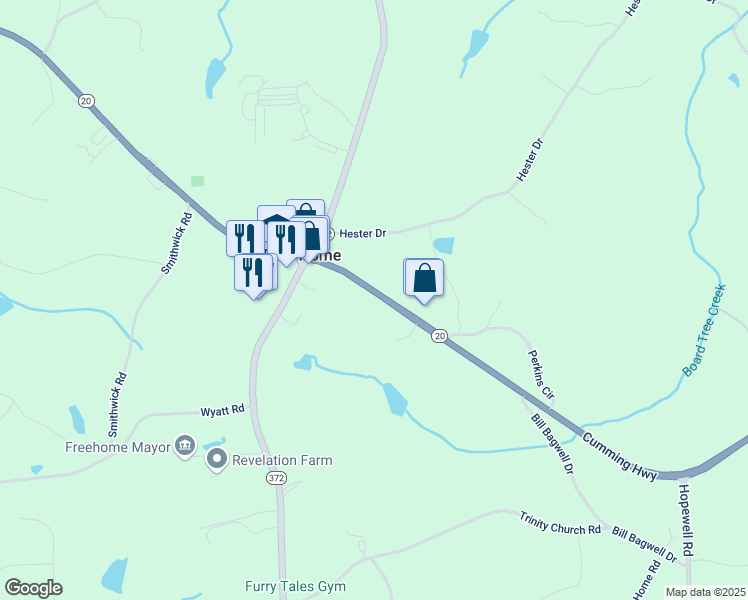 map of restaurants, bars, coffee shops, grocery stores, and more near 12836 Cumming Highway in Canton
