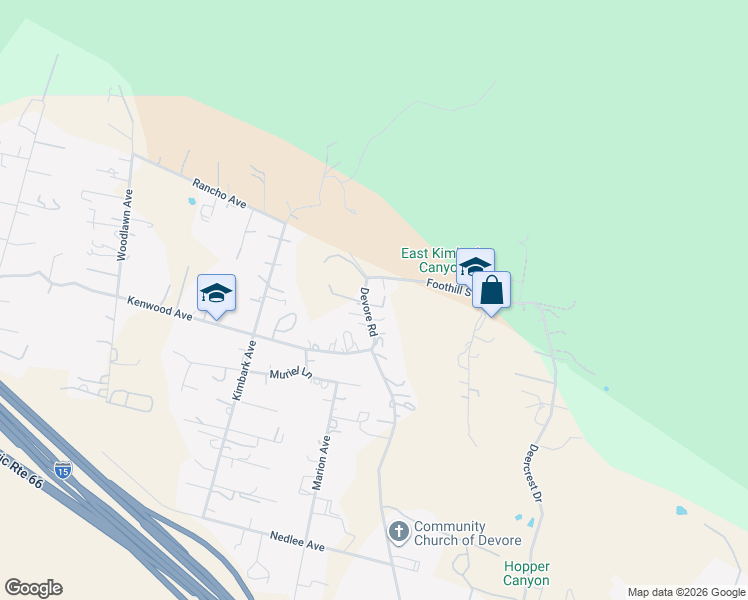 map of restaurants, bars, coffee shops, grocery stores, and more near 923 Devore Road in San Bernardino