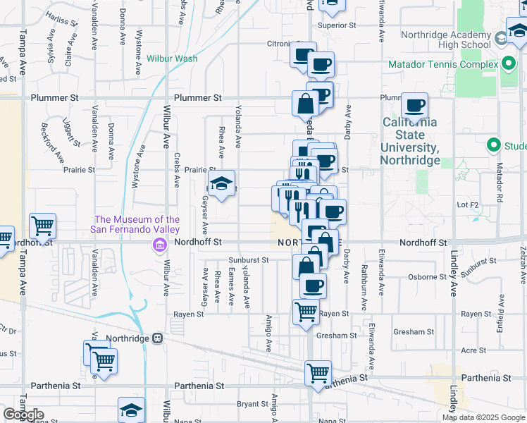 map of restaurants, bars, coffee shops, grocery stores, and more near 18618 Dearborn Street in Los Angeles