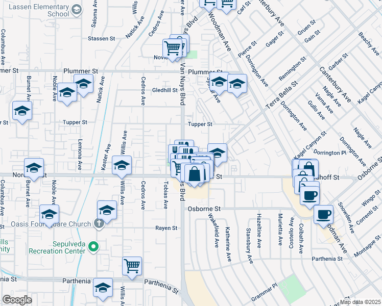 map of restaurants, bars, coffee shops, grocery stores, and more near 9158 Van Nuys Boulevard in Los Angeles