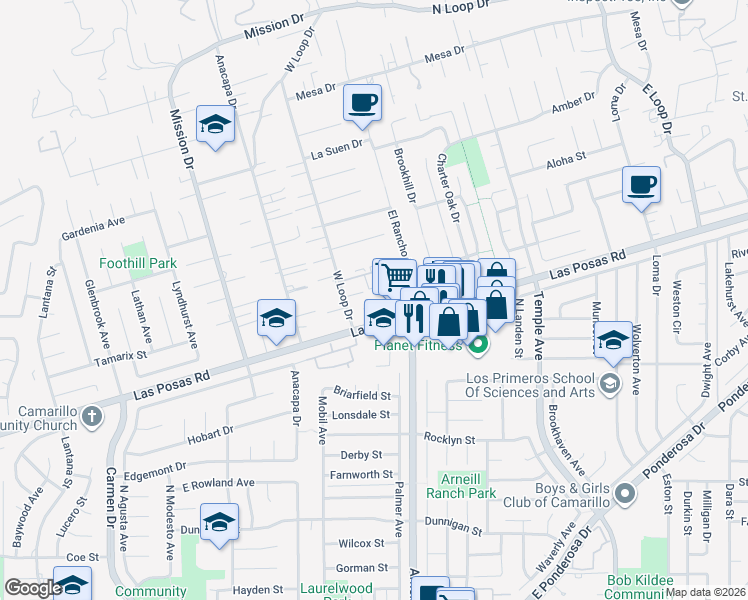 map of restaurants, bars, coffee shops, grocery stores, and more near 2228 Camilar Drive in Camarillo