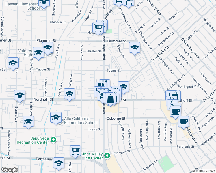 map of restaurants, bars, coffee shops, grocery stores, and more near 9158 Van Nuys Boulevard in Los Angeles