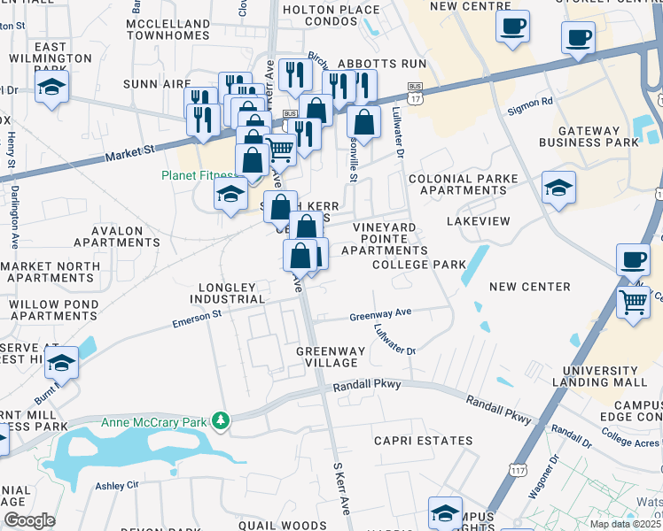 map of restaurants, bars, coffee shops, grocery stores, and more near in Wilmington