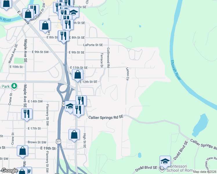 map of restaurants, bars, coffee shops, grocery stores, and more near 17 Turnbull Drive in Rome