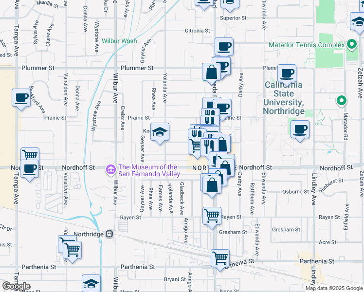 map of restaurants, bars, coffee shops, grocery stores, and more near 18618 Dearborn Street in Los Angeles
