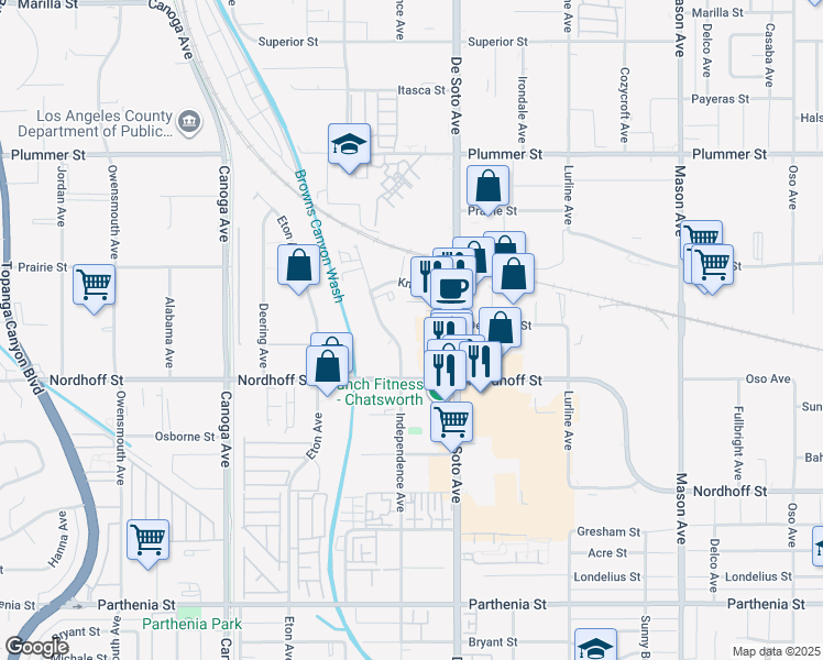 map of restaurants, bars, coffee shops, grocery stores, and more near 9142 Independence Avenue in Los Angeles