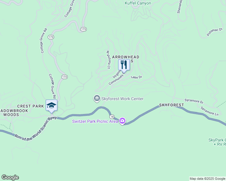 map of restaurants, bars, coffee shops, grocery stores, and more near 28224 Larchmont Lane in Lake Arrowhead