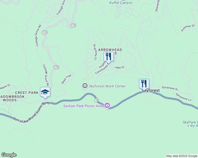 map of restaurants, bars, coffee shops, grocery stores, and more near 28224 Larchmont Lane in Lake Arrowhead