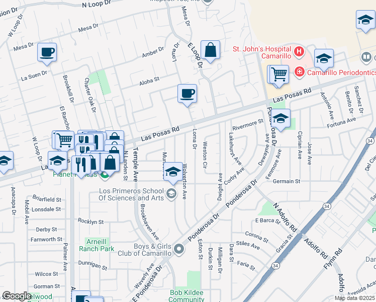 map of restaurants, bars, coffee shops, grocery stores, and more near 1888 Wolverton Avenue in Camarillo