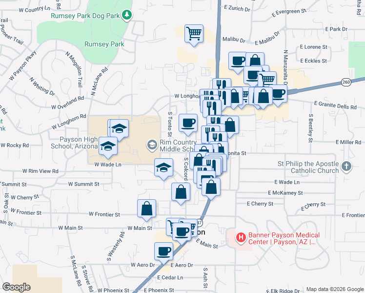 map of restaurants, bars, coffee shops, grocery stores, and more near 219 South Colcord Road in Payson
