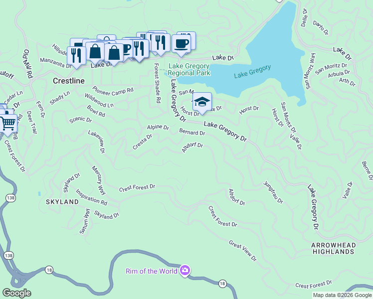 map of restaurants, bars, coffee shops, grocery stores, and more near 24166 Cresta Drive in Crestline