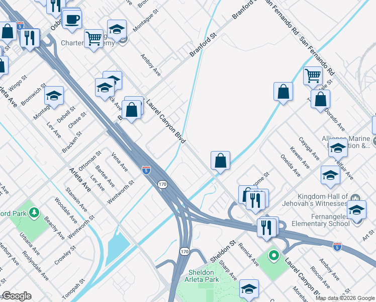map of restaurants, bars, coffee shops, grocery stores, and more near 9253 Laurel Canyon Boulevard in Los Angeles