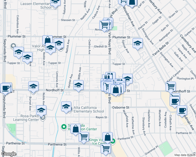 map of restaurants, bars, coffee shops, grocery stores, and more near 9213 Tobias Avenue in Los Angeles