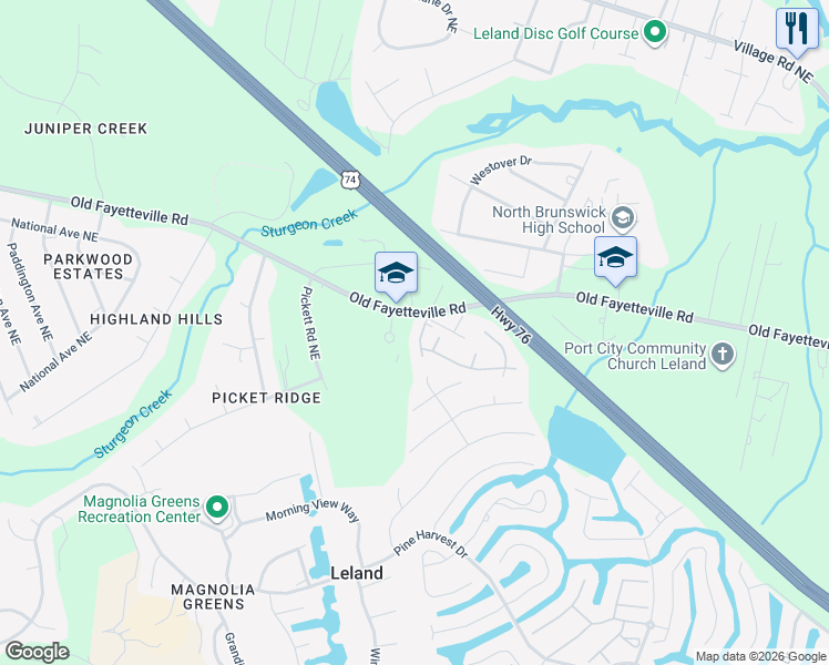 map of restaurants, bars, coffee shops, grocery stores, and more near 834-898 Short Street Northeast in Leland