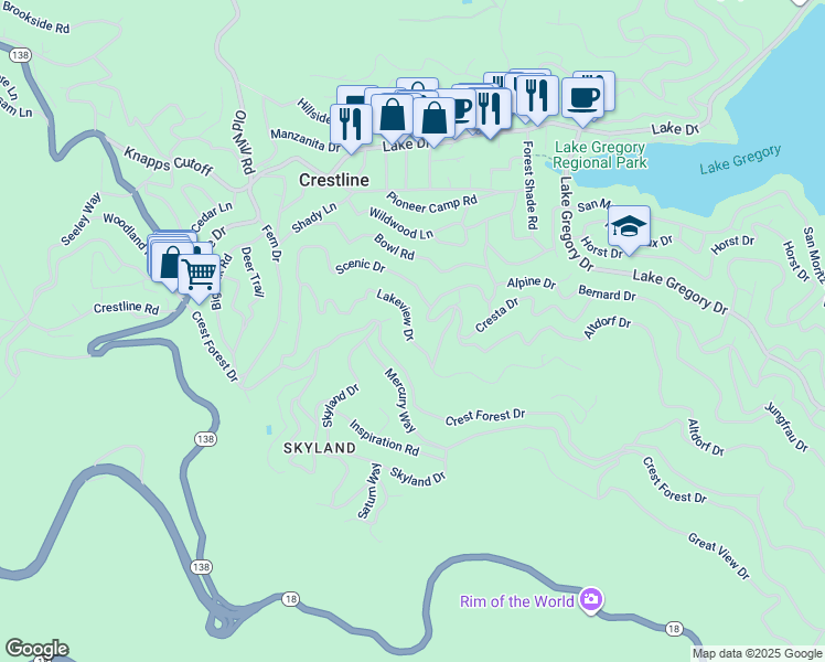 map of restaurants, bars, coffee shops, grocery stores, and more near 23878 Lakeview Drive in Crestline
